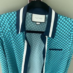 Alexis turquoise blue and white printed button down shirt.